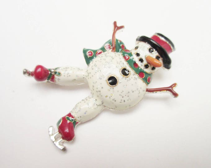 Christmas Snowman Brooch - skatng Frosty snow man - Christmas in July - CIJ - Holiday PIn