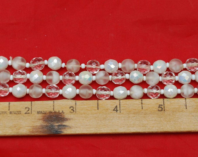 West Germany Bead Bracelet - Triple strand - white milk Glass -crystal beads - #ab white glass clasp -