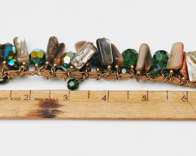 Napier crystal abalone Charm Bracelet - green tourmaline Crystals Charm - Abalone Shell beads Cha cha bracelet - 1980 Book Piece