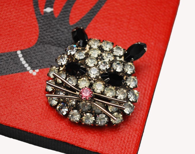 Rhinestone Cat face Brooch - Clear black and pink crystal - silver tone metal - Figurine pin