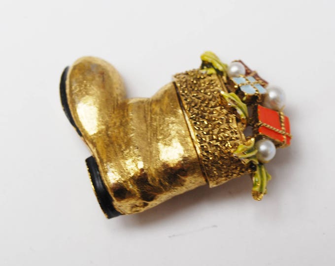 Christmas Stocking Brooch - Art Mode signed - gold boot- enamel presents -pearl - Holiday pin