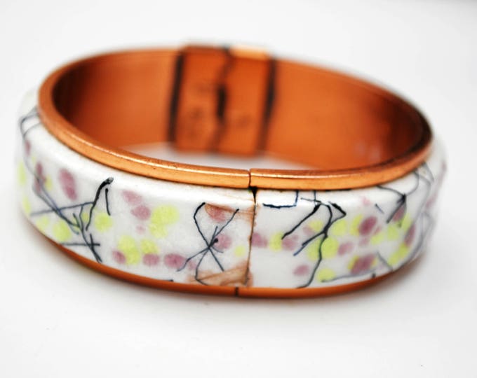 Matisse Renoir Enamel Copper Bangle - Hinged BRacelet - White enameling - purple green black - Mid century Mod