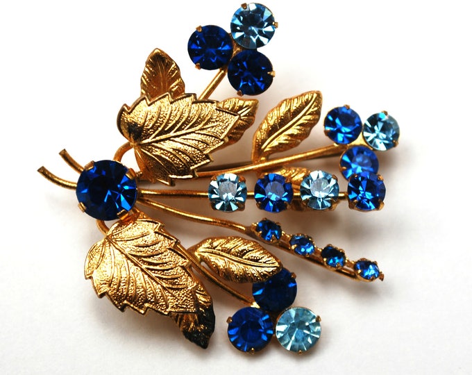 Rhinestone Flower Brooch - Blue Crystal - Floral Spray pin -Vintage rhinestone pin