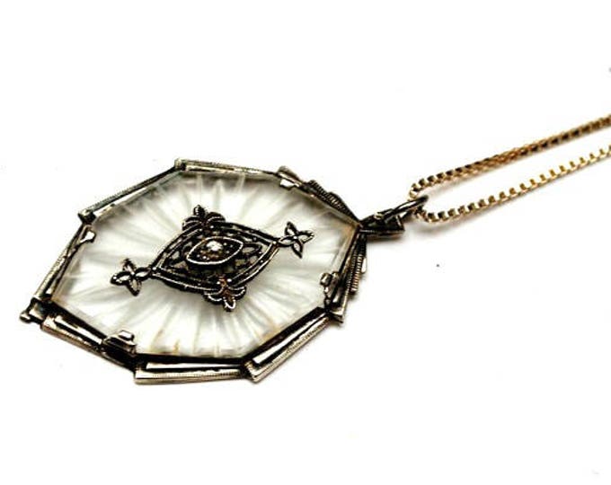 Sterling Camphor Glass Pendant with diamond I1 - sterling silver Italian box chain - Art Deco