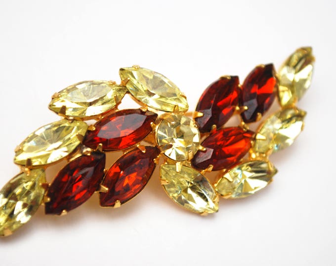 Rhinestone Bar Bow Brooch - Light yellow Crystal - dark Orange Glass -- gold setting Floral pin