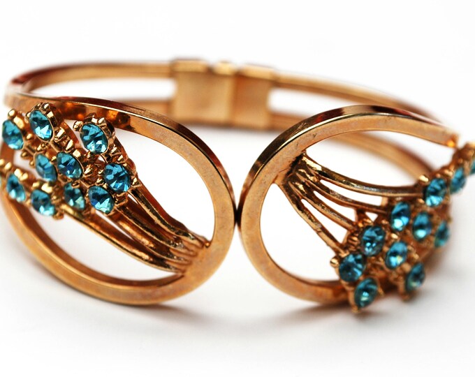 Flower Rhinestone bracelet - gold Hinge Clamper Bangle - Blue Crystal floral - Mid Century