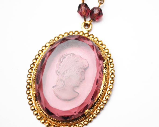 intaglio cameo necklace - reversed Carved - Women Profile - Amethyst purple glass - Gold plated