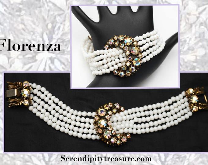 Florenza Bracelet - White milk glass beads - AB rhinestone crescent - beaded bracelet