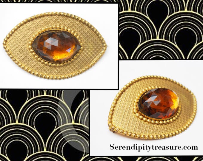 Victorian orange crystal gold brooch - Gilt Repousse metal - large Oval rhinestone - c clasp pin