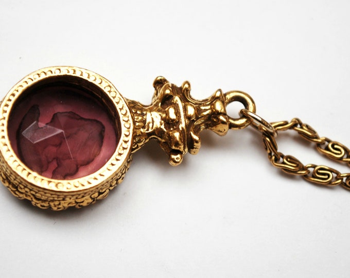 Purple Cameo Goldette necklace multi gold chain -violet carved intaglio glass - Caged crystal - Victorian Revival