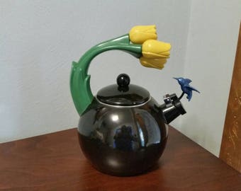 Black Enameled Whistling Kettle with Hummingbird & Tulips