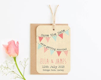 Rustic bunting save-the-date - coral peach mint
