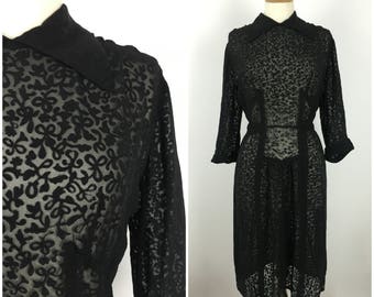Vintage 1920s Dress - 20s Sheer Black Tulle Tea Dress - Formal Evening dress - Floral - Medium / Large - UK 14-16 / US 10-12 / EU 42-44