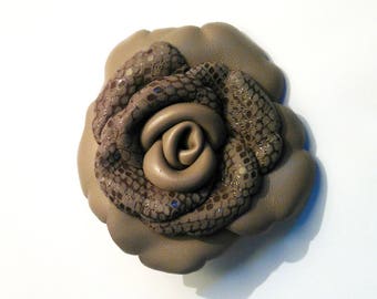 two-tone soft taupe and matching snake leather flower brooch