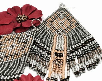 Seed Bead Earrings Grey Orange, fringe