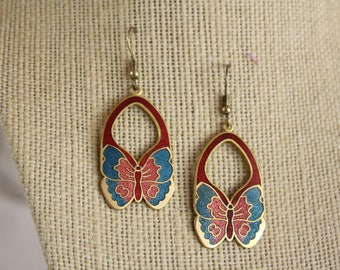 Vintage Cloisonne Earrings / 1980s Butterfly Dangle Pierced Ear Rings / Asian Fusion Garden Earrings / Vintage Art Nouveau Style Earrings