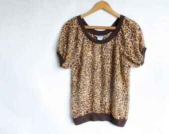 Sale Vintage Leopard Print Blouse / 1970s Animal Print Blouse / Vtg 70s Sheer Disco Blouse / Exotic Print Blouse / Retro India Blouse S/M
