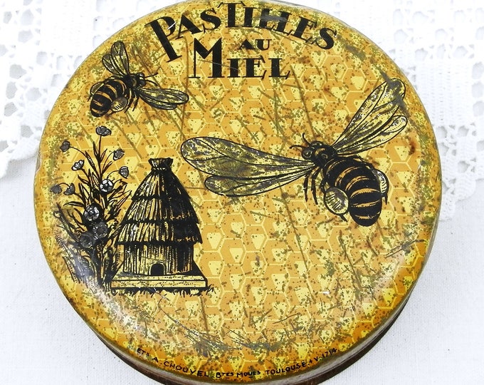 Vintage Yellow Honey Candie Lozenges Metal Tin with Bees and Hive Pattern from France, French Medicinal Tablets, Pastilles de Miel