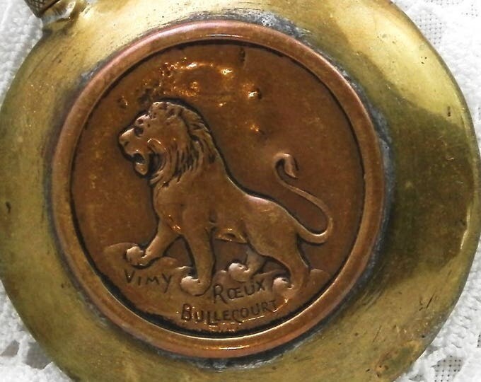 Antique French Trench Art WW1 Powder Flask in Copper and Brass with Embossed Lion Rooster Inscribed Vimy Roeux Bullecourt Fleury Thiaumont Antique French Trench Art WW1 Powder Flask in Copper and Brass with Embossed Lion Rooster Inscribed Vimy Roeux Bullecourt Fleury Thiaumont