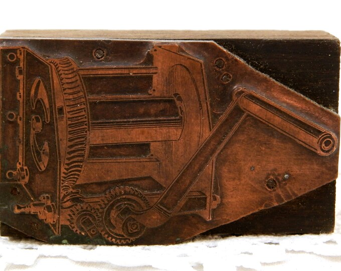 Antique Copper Plate Etching Plate, Metal Printing Block, Industrial Stamp, Mechanical Machinery with Winding Handle and Cogs, Brocante Antique Copper Plate Etching Plate, Metal Printing Block, Industrial Stamp, Mechanical Machinery with Winding Handle and Cogs, Brocante
