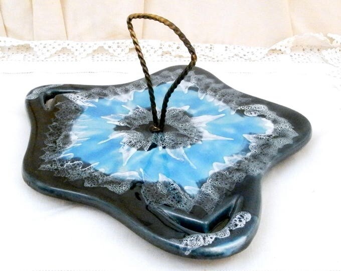 Vintage French Vallauris Mid Century Blue Glaze Cheese Platter, Retro Serving Plate with Blue Lava Style Glaze From France Cote D'Azur