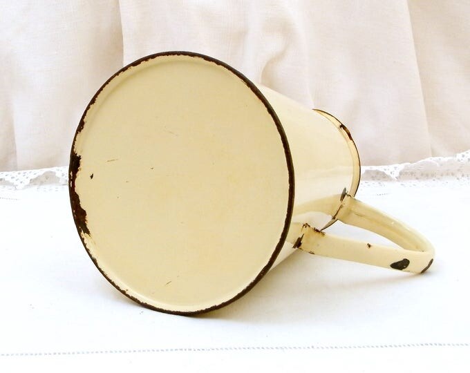 Small Antique French Pale Yellow / Beige French Enamelware Pitcher, Chippy Enamel Jug / Vase