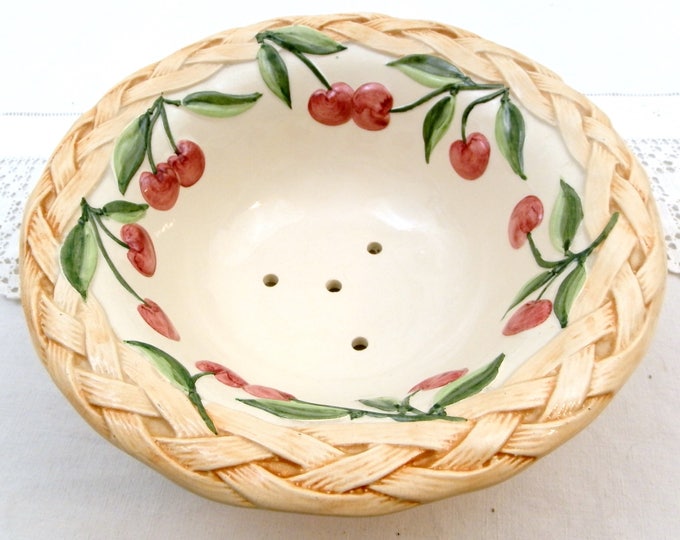 Vintage Majolica Style Pottery Berry Bowl With Cherry Pattern, China Fruit Colander with Basket Motif, Ceramic Strainer Bowl with Holes