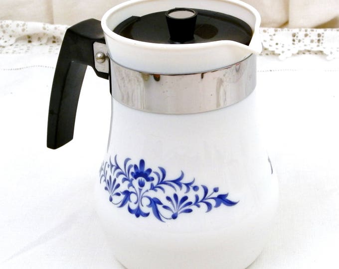 French Vintage Mid Century 1960s White Milk Glass Coffee Pot with Blue Pattern by Sovirel, Retro Kitchenalia from France, Pyrex , Acropal