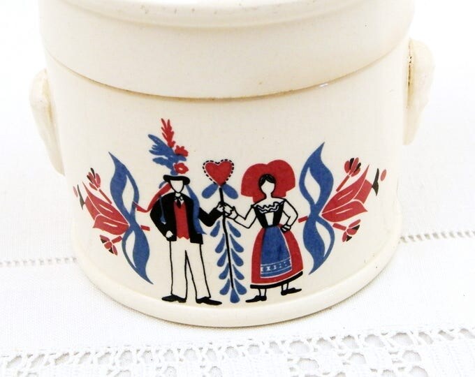 Vintage Traditional French Ceramic Lidded Fois Gras Crock Pot with Mask Handles by Sarreguemines, Germanic Pattern from Alsace Region