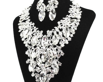 SALE SALE Bridal Statement Necklace, Crystal Bridal Necklace Set, Crystal Wedding Necklace Set, Evening Necklace Set ~ E 141