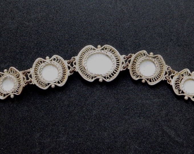 Sterling Cannetille and Porcelain Bracelet, Filigree with Rose Panels, Garden Wedding, Vintage Bracelet