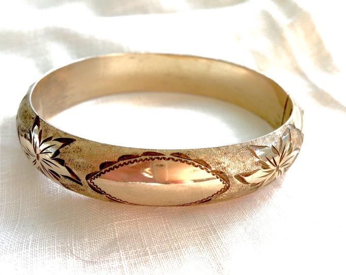 Victorian Bangle Bracelet, Gold Filled Etched Bangle, Etched Leaf Design, Antique Jewelry, Signed Marathon