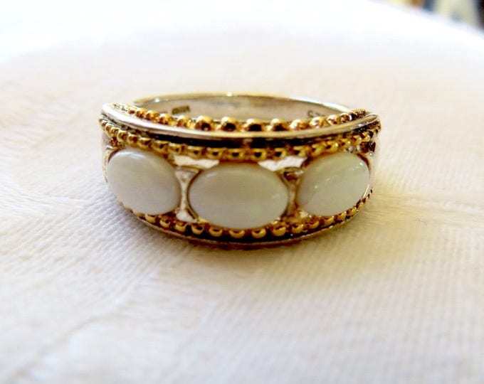 Sterling Silver Opal Ring, Triple Opal Stones, Gold wash Beading, Size 6 Ring, Vintage Opal Jewelry