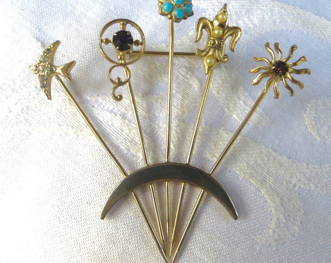 Vintage Stick pin Brooch, Unsigned Goldette, Stickpin Pin, Four Stick pins, Fleur de Lis, Bird, Sun, Vintage Jewelry
