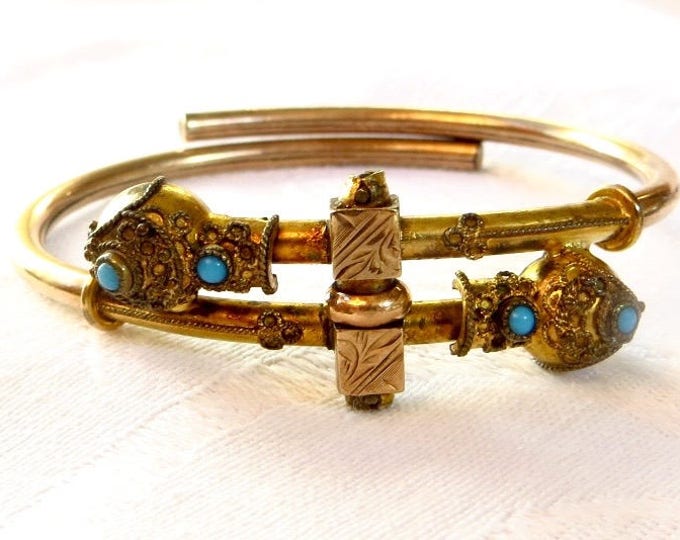 Victorian Wedding Bracelet, Etruscan Style, Gold Filled, Turquoise Stones, Bridal Bracelet