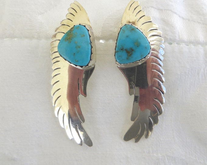 Navajo Sterling Earrings, Turquoise Stones, Signed Navajo Artisan, Ronnie Hurley, Native American Jewelry, Large 2" Pierced Earrings