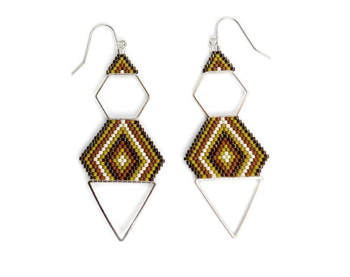 hexagon earrings, geometric earrings, minimalist earrings, earrings triangle, bronze jewelry, statement earrings, dangle earrings, beaded