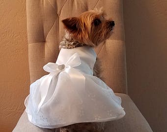 Dog Wedding Dress White Satin with Bridal Lace