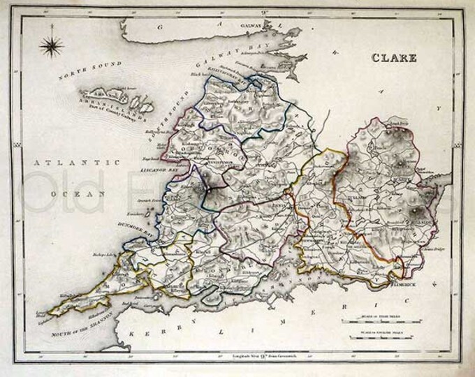 County Clare 1846 - Antique Irish Map of Clare - 8 x 10 ins PRINT - FREE P&P UK