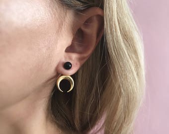 Moon earrings,gold ear jacket,sterling silver earrings,black onyx earrings,gold moon earrings,ear cuff,Taurus earrings,crescent horn earring