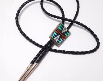 Navajo Sterling Silver Inlay Bolo Tie Signed D. Clark Turquoise Inlay