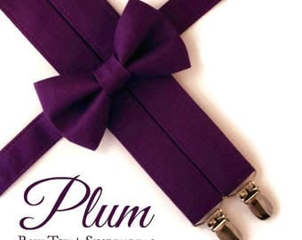 Plum Bow Tie and Suspenders: Purple Suspenders, Toddler Suspenders, Boys Suspenders, Purple Bow Tie, Midnight, Plum, Ring Bearer