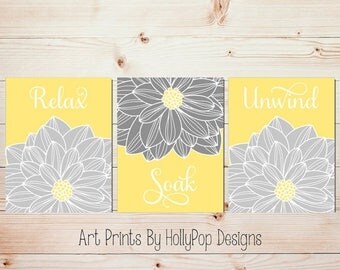 Yellow Gray Wall Art Bathroom Wall Art Relax Soak Unwind Bathroom Wall Decor Set of 3 Floral Burst Prints Dahlia Flowers Artwork #1047