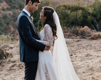 Summer Sales Long Sleeve Wedding Dress, A-line Lace Crepe Wedding Dress with Lace Back - "Liz", Simple Wedding Dress, Lace Wedding Dress, Cu