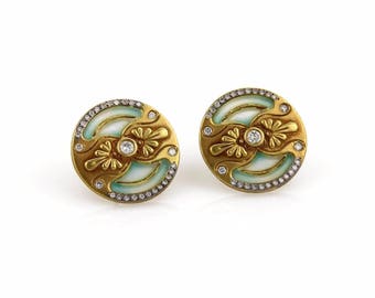 18923 - Antique Plique a Jour Enamel Diamond Round Stud 18k Yellow Gold Round Stud Earrings