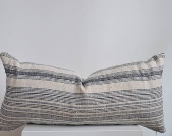 Authentic Vintage Hmong Textile Pillow Cover, Blue/Gray Stripes Small Lumbar