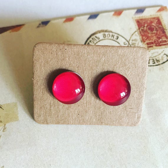 Cherry Red Glass Stud Earrings. Hypoallergenic surgical steel glass tile.
