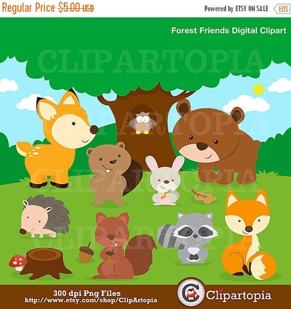 50% OFF SALE Forest Friends Animal Clip Art / Woodland Animal Clipart / Forest Animal ClipArt / Cute Animal Clipart / Owl Clipart Il_570xn
