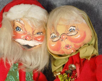 Christmas in July Annalee Mobilitee Vintage 1960's Large Santa and Mrs Claus holiday early painted felt cloth dolls 28 and 29 inch