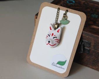 Fox necklace, kitsune, Japanese mask, fan, polymer clay, copper color aged